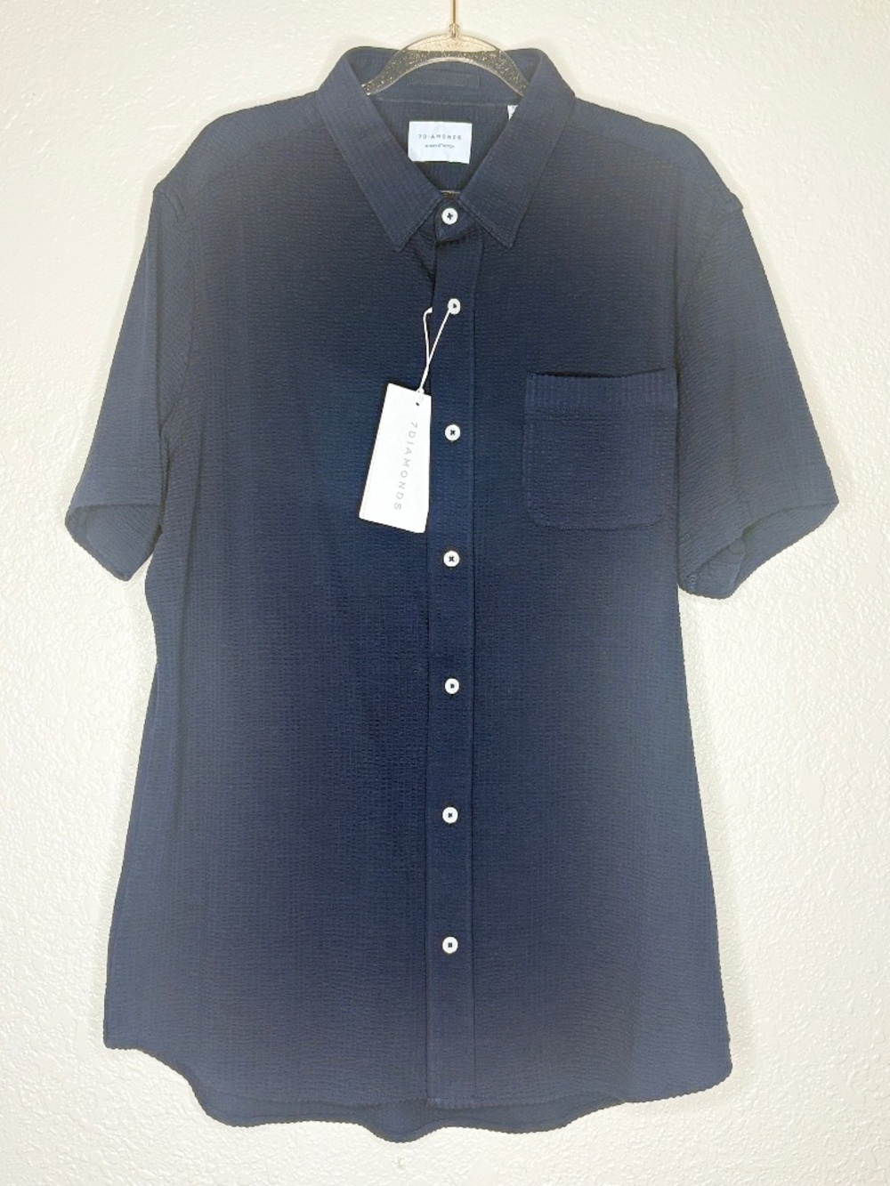 7 Diamonds 4-Way Stretch Button Up Shirt Men's Medium Navy Textured Short Sleeve